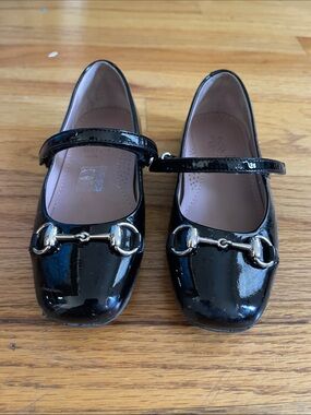 Girls Black Patent Mary Jane Flats with Horsebit Detail GUCCI